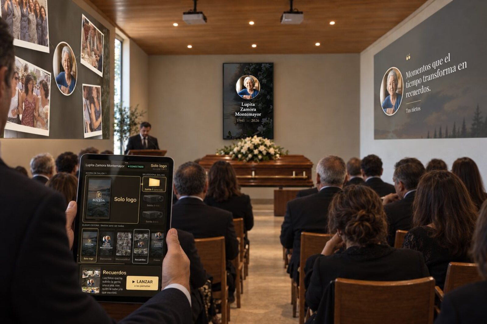 Ceremonia en una sala con las fotografías de la familia proyectadas en las paredes y, en primer plano, la tableta desde la que se dirige.