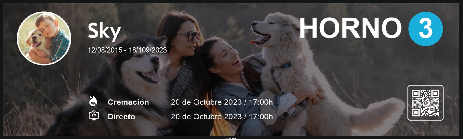 El mismo monitor con un servicio de mascota: nombre, horno asignado y horarios de cremación y directo.